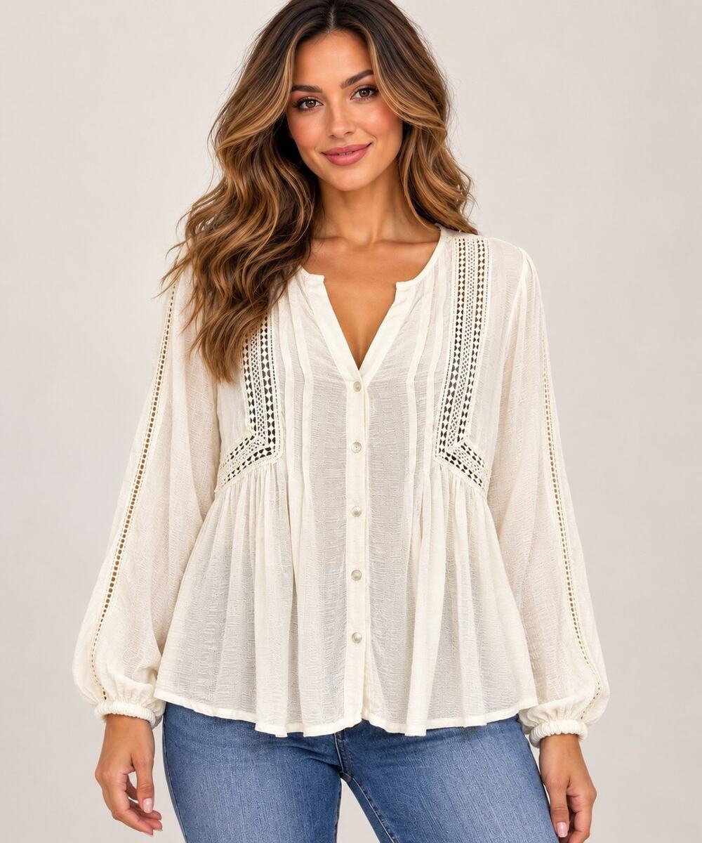 Dex Women’s White Lace Accent Boho Peasant Blouse V-Neck Button Front S